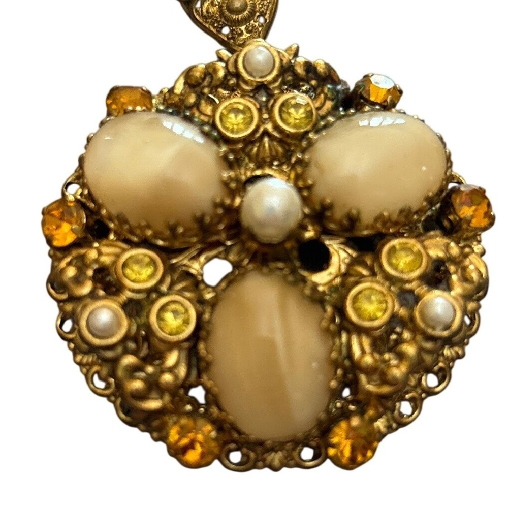 Vintage‎ Germany SIGNED Filigree Pendant Necklace Amber Rhinestone Faux Pearl
